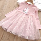 Новинка 2022, осеннее платье с длинным рукавом, кружевное Сетчатое детское платье с принтом единорога, одежда для маленьких девочек на день рождения, Рождество