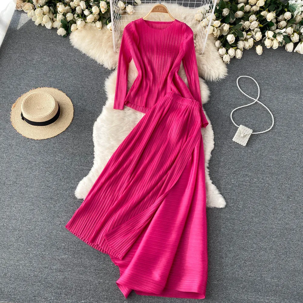 

Women Design Korean Irregular Set Long Sleeve Tops+High Waist A-line Long Skirts 2022 Spring New Fashion Two Piece Suits Mujer