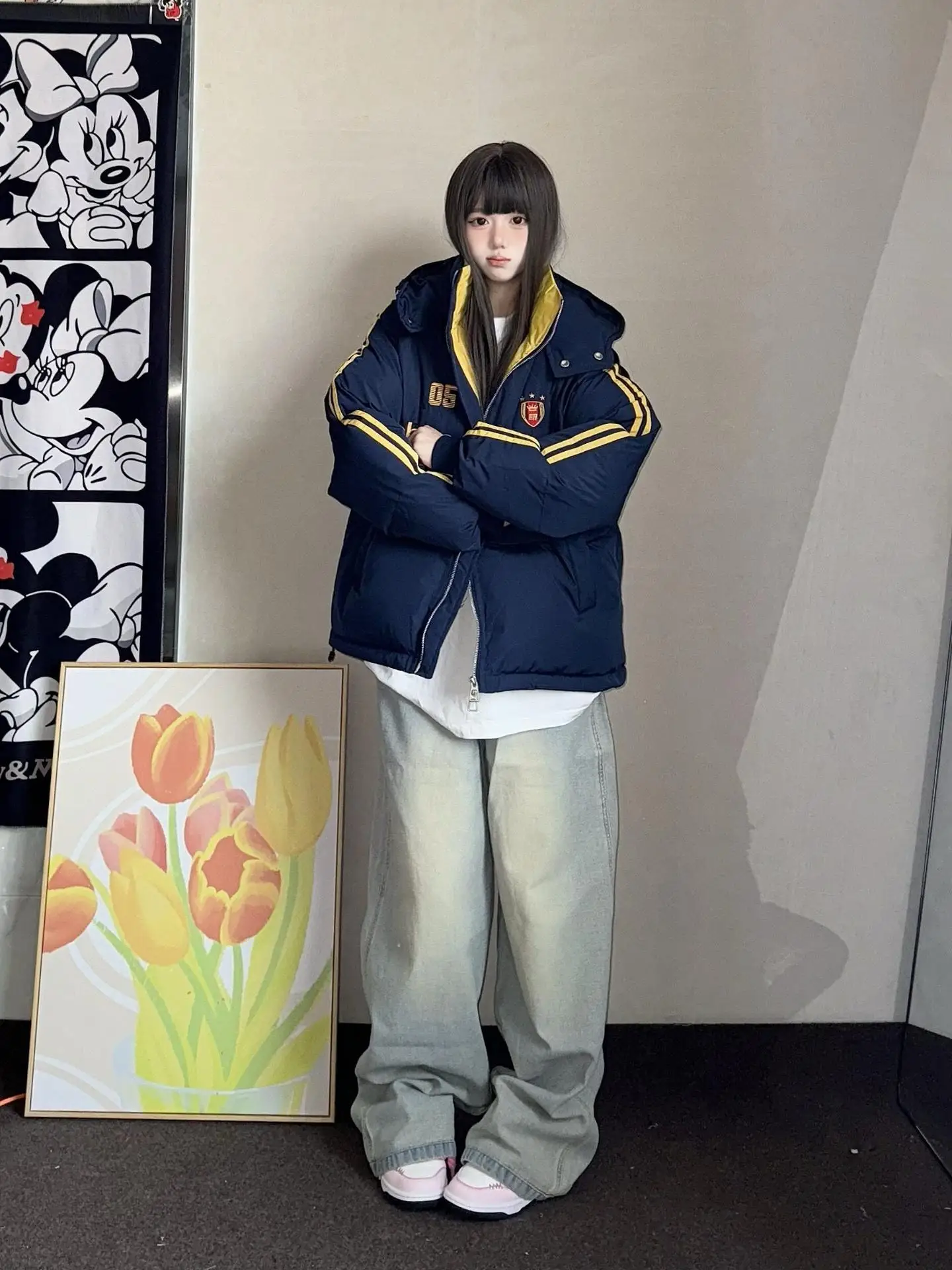 Темно-синяя полосатая одежда с капюшоном на хлопковой подкладке женская зимняя