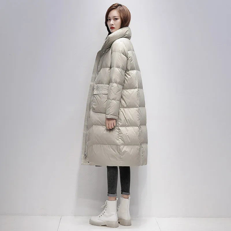 Fashionable Women's Mid-length Winter Down Jacket New Style Pure Color White Duck Down Warm Zipper Stand Collar Korean Coats