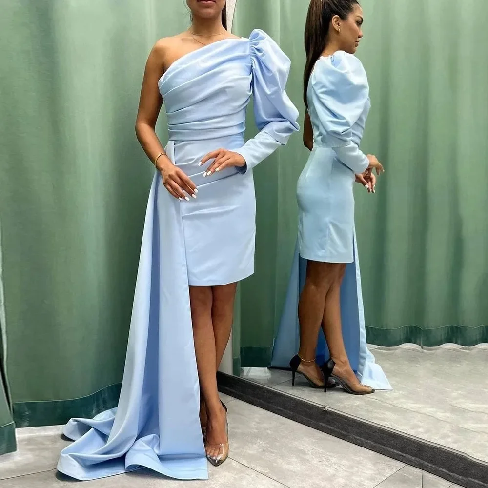 

Небесно-голубые Асимметричные короткие платья с длинным рукавом для выпускного вечера, женские вечерние платья с одним открытым плечом для конкурса Саудовской Аравии