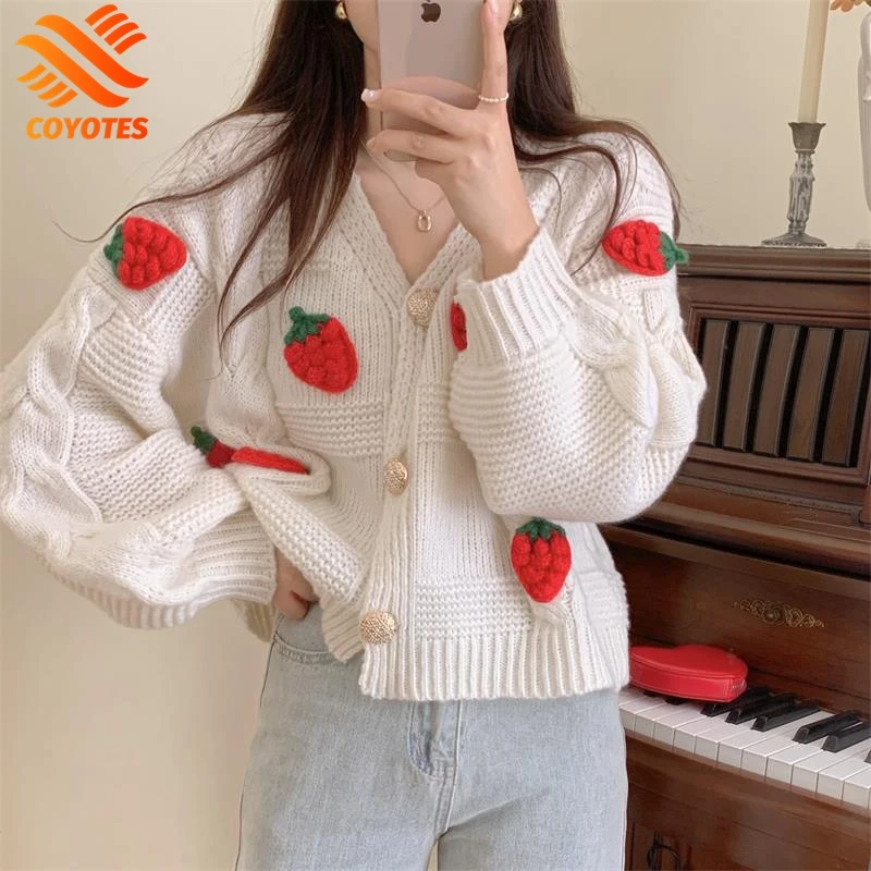 

Койоты женские корейские и японские кардиганы с V-образным вырезом с вышивкой клубники укороченный свитер белый Женский вязаный Топ с рукав...
