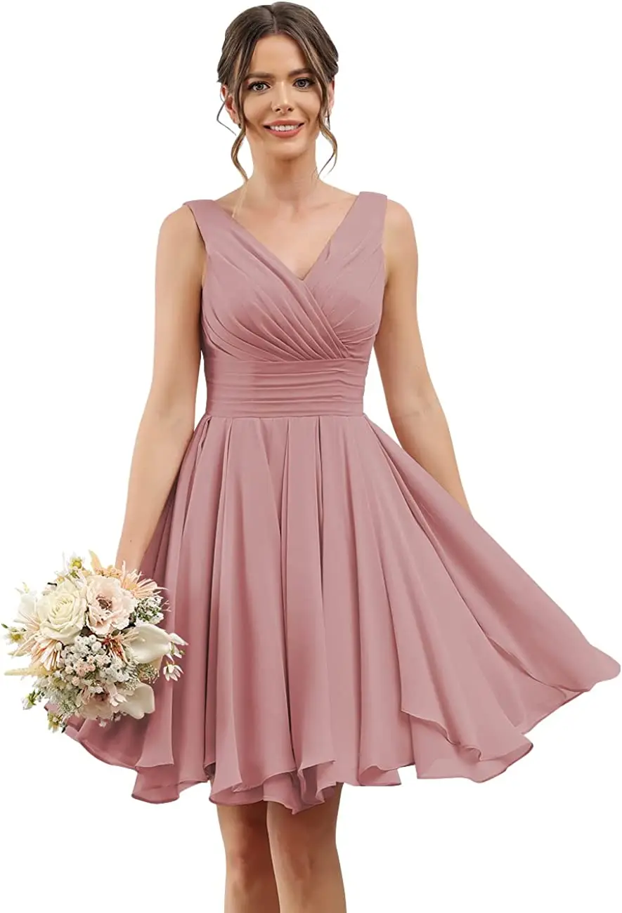 

V Neck Short Bridesmaid Dresses for Women Chiffon A Line Ruffle Formal Party Dresses with Pockets