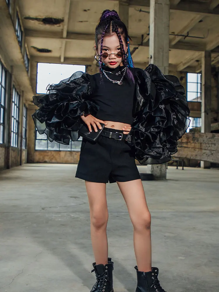 

ZZL K-pop Stage Outfits Cool Fashion Girls Clothes Runway Show Performance Black Dress Y2K Korea Trend Jazz Dance Urban Kids