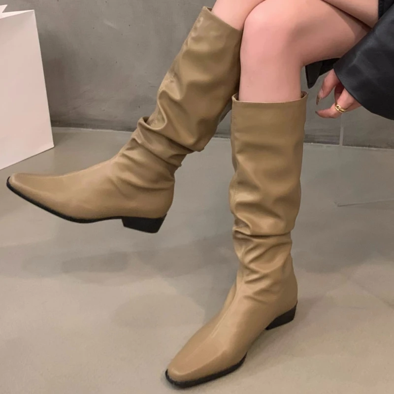 

2023 High Quality Shoes Female Slip on Women's Boots Outdoor Autumn Square Toe Solid Mid-Calf Pleated Low-heeled Fashion Boots