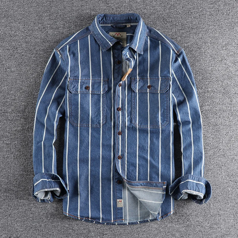 Autumn new custom woven striped washed used denim shirt men's work style American retro trend youth shirt