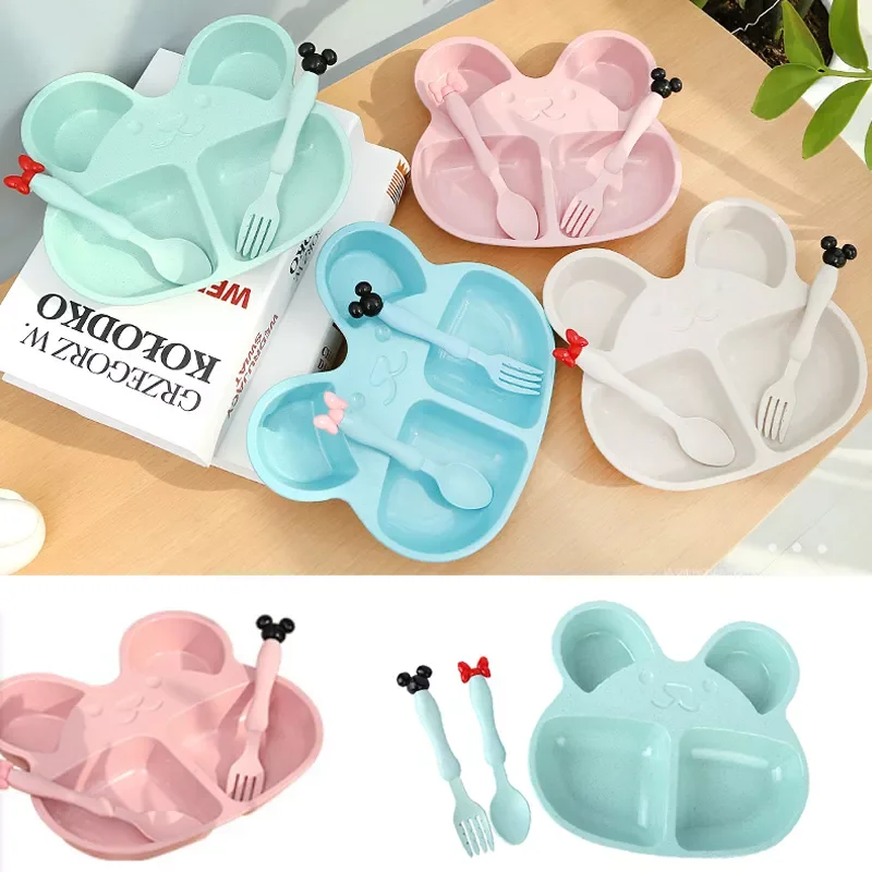 Straw Plates Baby Training Bowl Plate+spoon+fork Cute Bear Food Tableware Set Kids Dishes OPP Packaging for Baby Feeding