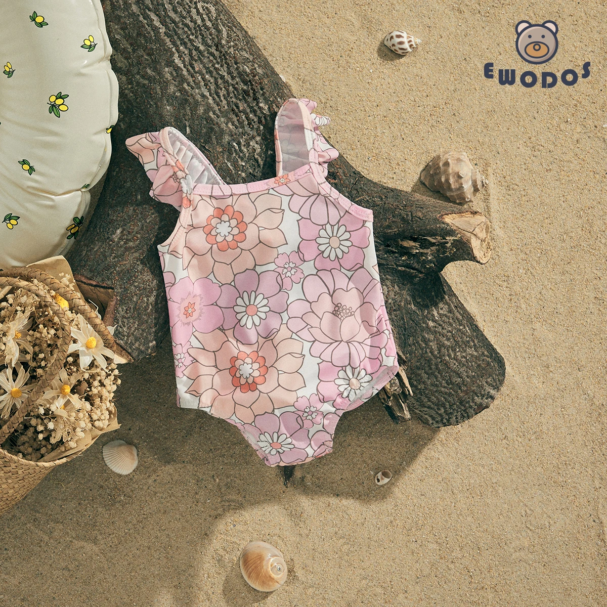 

EWODOS Toddler Baby Kid Girls Summer Beach Swimsuit Sweet Sleeveless Off Shoulder Floral Print Summer Beachwear Swimwear Suit