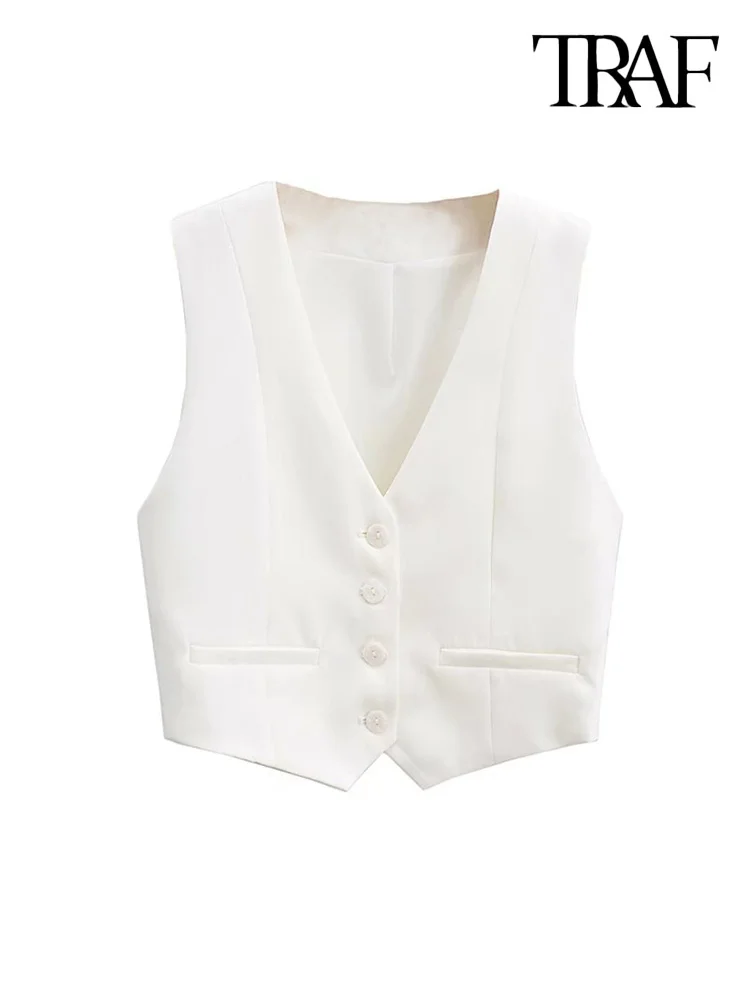 

TRAF Women Fashion Front Buttons Cropped Waistcoat Vintage V Neck Sleeveless Female Outerwear Chic Tops