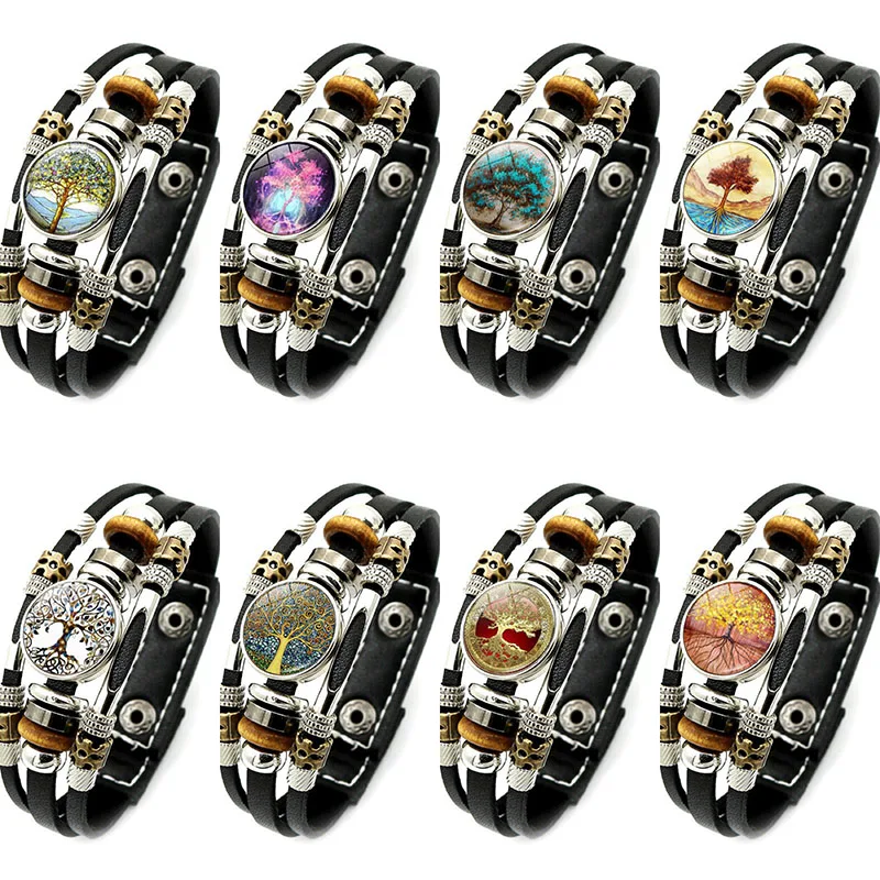 

Vintage Glass Gemstone Tree of Life Bracelet Mens Leather Braided Rope Chain Charm Design Bracelet Jewelry Party for Women Girls