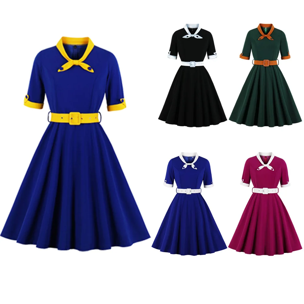 

Fashion Women's Bow Neck Dress Slim Big Swing Dress Short Sleeve Dress Vestido Feminino Size S-2XL