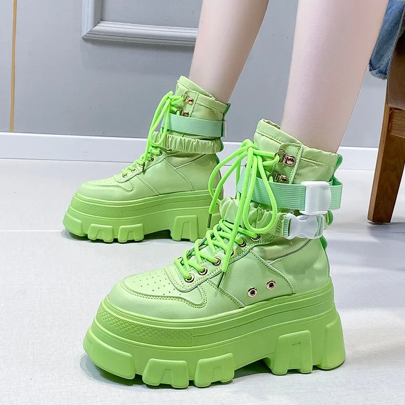 

New Green Punk Chunky Platform Motorcycle Boots Women Autumn Winter Gothic Shoes Woman Thick Bottom Lace Up Ankle Botas Mujer