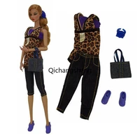 fashion leopard 11 5 dolls outfits set for barbie doll clothes shirt top trousers shoes bag 16 bjd doll accessories kids toy