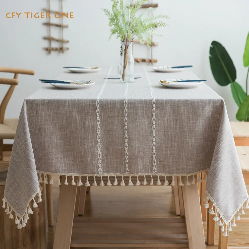 

American Cotton Linen Embroider Tablecloth for Table Decorate Antifouling Rectangular Tablecloth with Tassel Table Cover