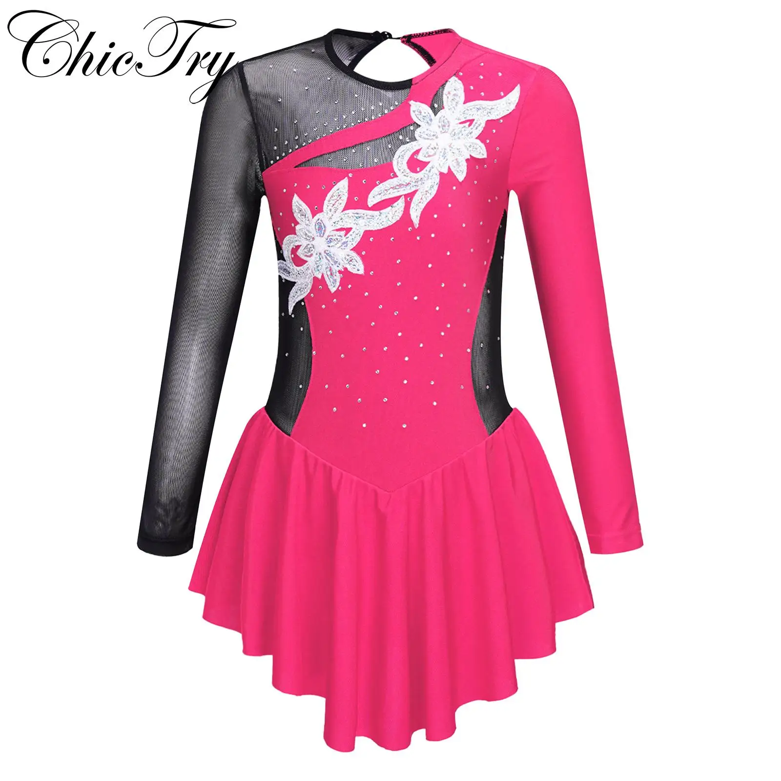 

Kids Girls Figure Ice Skating Dress Long Sleeve Gymnastics Dancewear Shiny Rhinestone Flower Decorated Ballet Leotard Tutu Dress