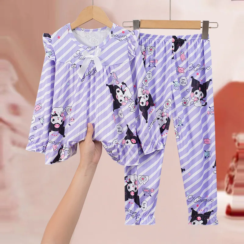 Kawaii Anime Cartoon Sanrio Cute My Melody Kuromi Cinnamoroll Hello Kitty Children's Pajamas Long-Sleeved Set Home Clothes