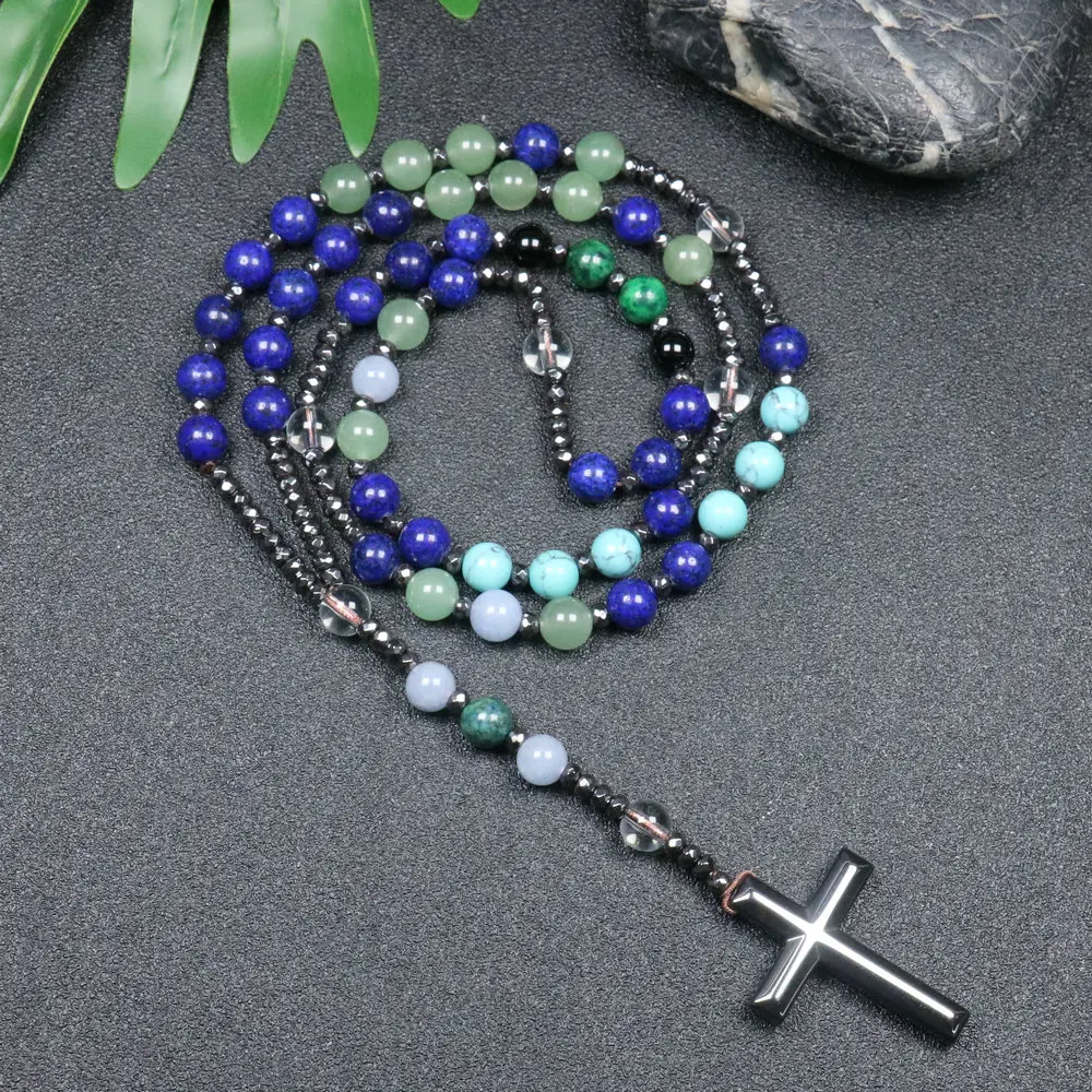 

Rosary Necklace For Men Women 8mm Lazuli Lapis Stone Beads Cross Necklace Meditation Chakra Buddha Bracelet Necklace Jewelry