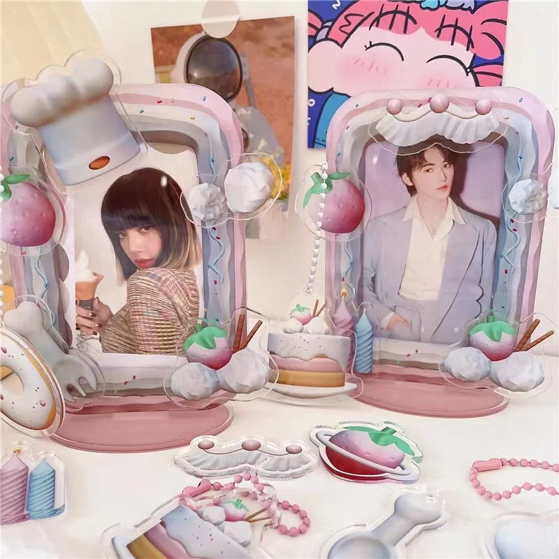 

Kawaii Strawberry Cake Acrylic Card Stand Photo Frame Photocards Holder Cute Kpop Idol Photo Card Sleeves Keychain Pendant