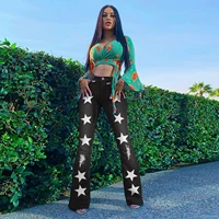 womens 2022 spring and summer new street ins net red with the same five pointed star print hole flared denim trousers