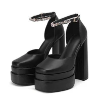 solid black platform shoes party dress heels ankle strap plus size 43 44 45 46 fashion women pumps high heels chunky sandals