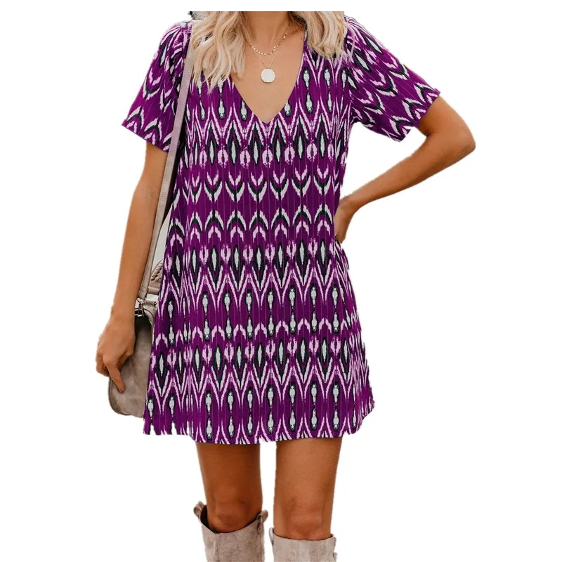 

Stylish and Comfortable 2023 Spring Summer Loose Short Sleeve V Neck Floral Print Dress Women's Clothing Slight Strech Loose
