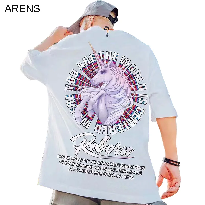 

ARENS Oversized Cartoon Round Neck Short-sleeved Shirt 2021 Summer Men's Street Fashion Loose T-shirt Ins Fashion Couples Top
