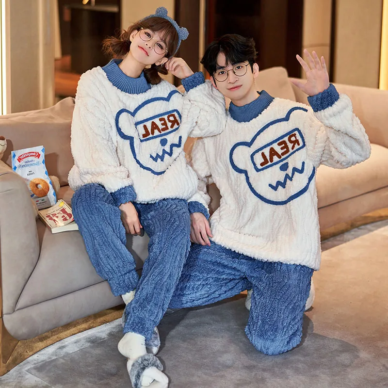 QUHENG 2022 Winter Flannel Men's Pajama Pants Set New Autumn Thick Warm Sleepwear for Couples Casual Loose Home Costumes Set