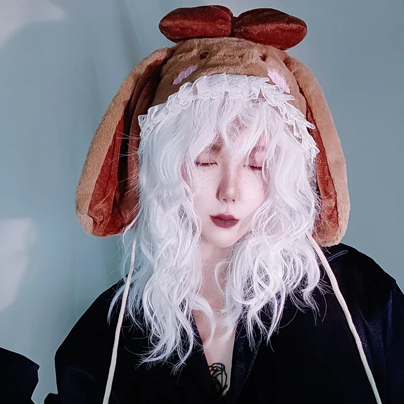 

Японская мягкая кружевная Кепка в стиле "Лолита" с кроличьими ушками, плюшевая шапка, наушники в стиле Харадзюку, зимние модные милые головные уборы, шапки для девушек
