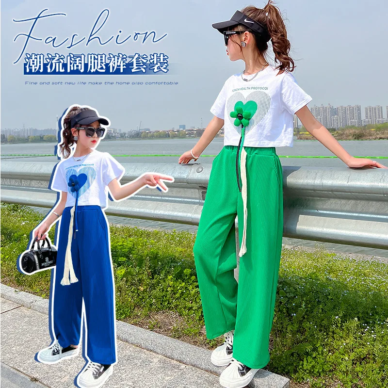 

Girls Summer Suits Casual Wide-leg Trousers 2022 New Loose High-waisted Pants Summer Children's Fashion Two-piece Suit