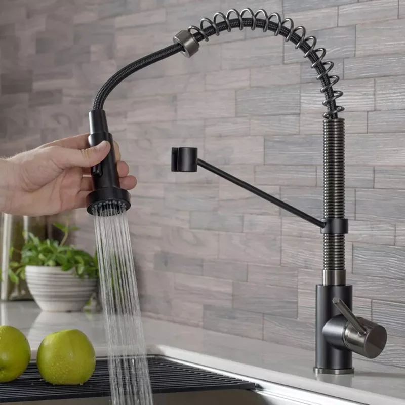 

Single Handle Commercial Kitchen Faucet with Dual Function Pull Down Spray Head Stainless Steel Hot Cold Water Kitchen Mixer Tap