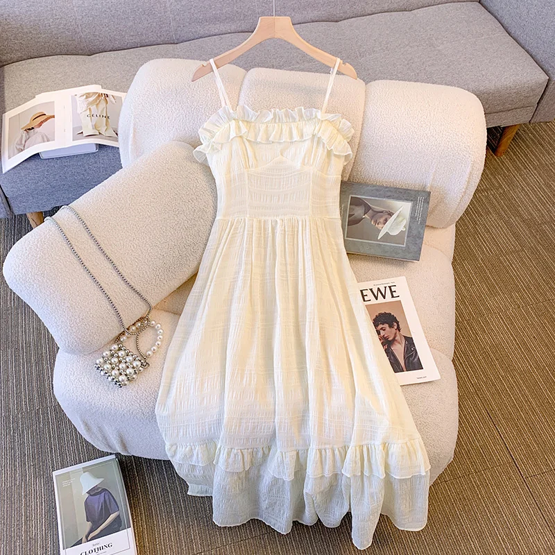 

Women's Fungus Edge Suspender Dress Summer Beach Vacation Young Girl Sexy Sleeveless Backless Tank Longuette Skirts Female