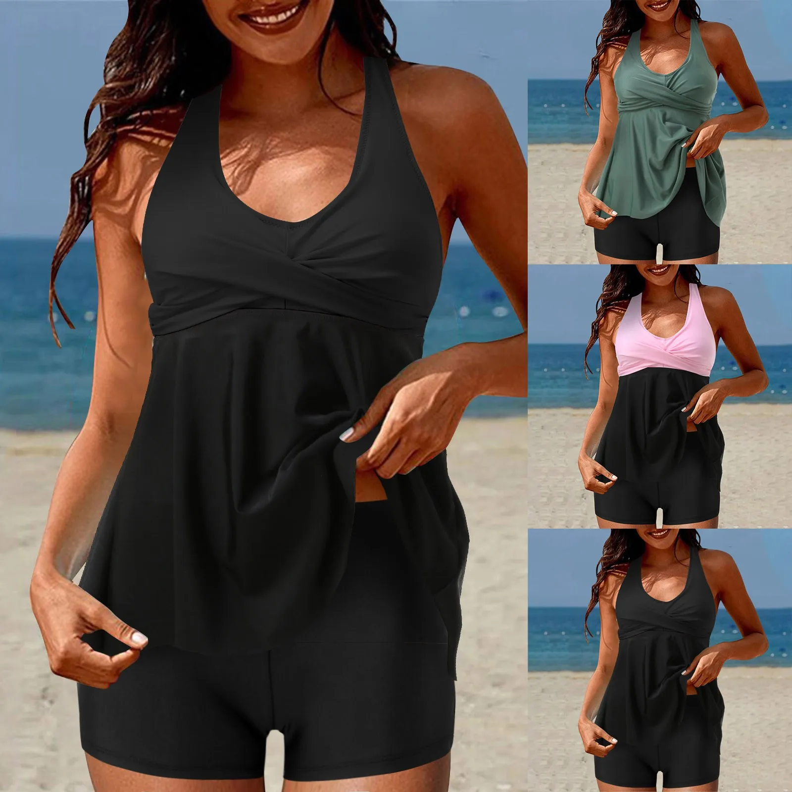 

Two Piece Tankini Swimsuits For Women With Shorts V Neck Bathing Suits Flowy Front Swimwear