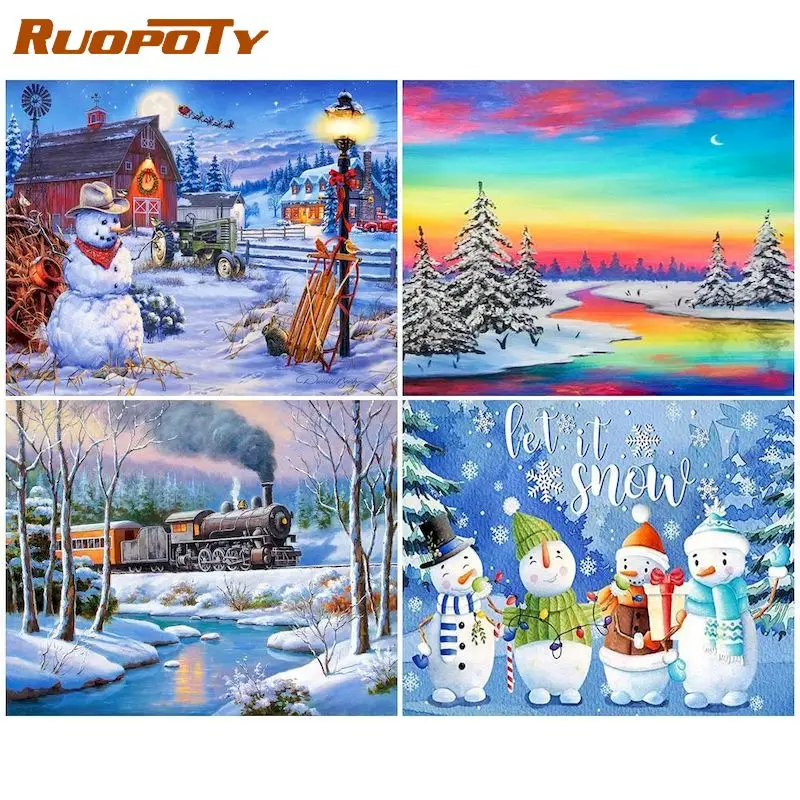 

RUOPOTY Christmas Winter Landscape By Numbers For Adults DIY Kits HandPainted On Canvas With Framed Oil Picture Digital Painting