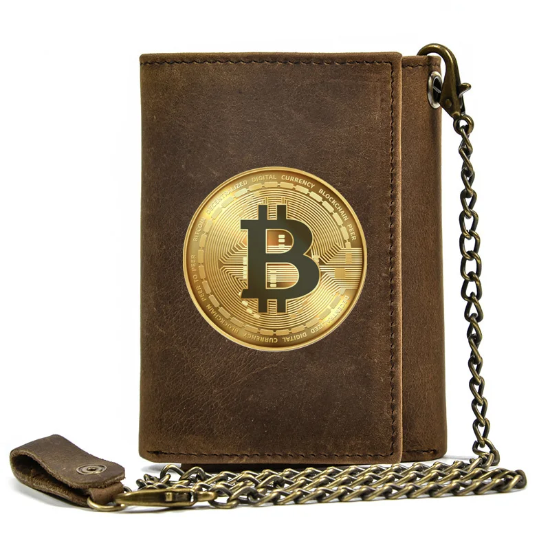 

High Quality Men Genuine Leather Wallet Anti Theft Hasp With Iron Chain Cryptocurrency Bitcoin Cover Card Holder Short Purse
