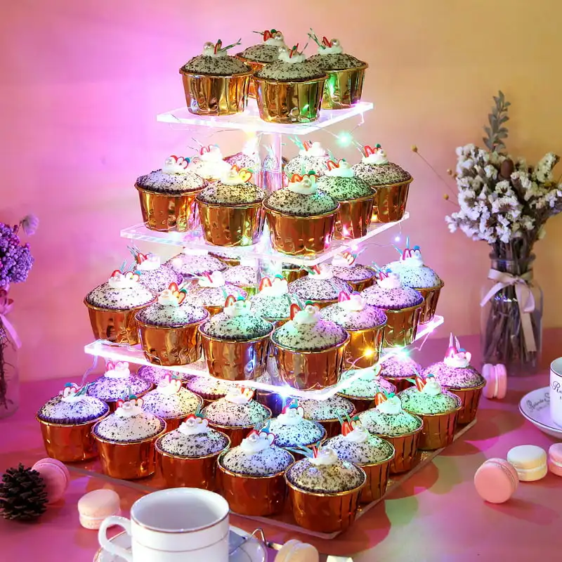 

Stand 4 Tier Acrylic Cupcake Display Stand With Led String Lights Dessert Tree