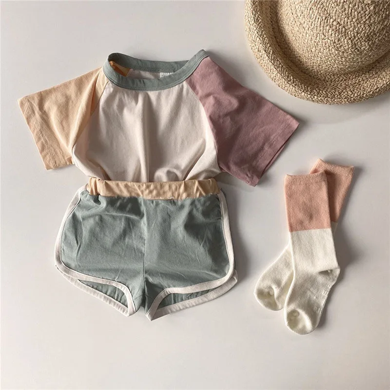 Baby Suit Children's Summer Simple Casual Contrast Color Spell Shoulder  Sleeve T-shirt + Shorts Cotton 2-piece Set