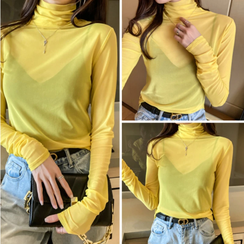 

Тонкая прозрачная женская футболка с длинным рукавом и высоким воротником