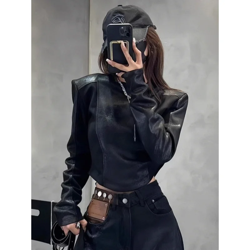 Ретро мотоциклетная женская футболка с длинным рукавом Y2K лоскутный дизайн