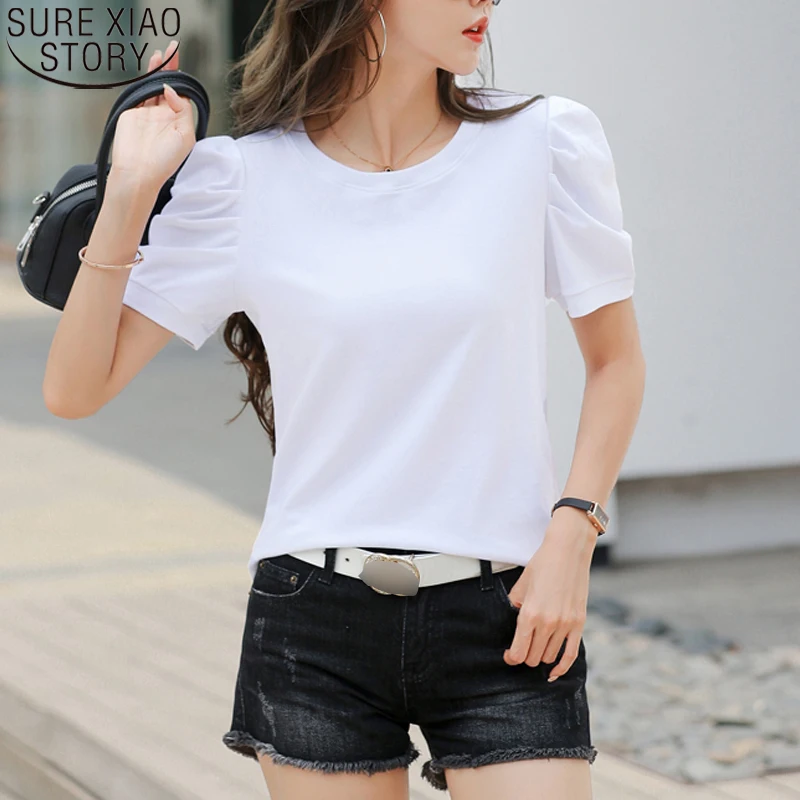 

2022 Summer Puff Sleeve O-Neck Cotton Red White T-Shirt Women Solid Color Elegant Tshirt Lady Slim fit Casual Fashion Tops 20000