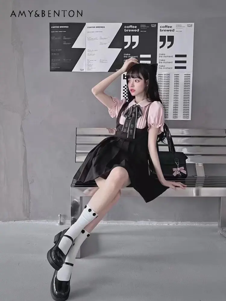 

College Style Student Skirt Sets Bow Sweet Black Pink Doll Collar Shirt Suspender Skirt Two-Piece Suit Women's Two Pieces Set