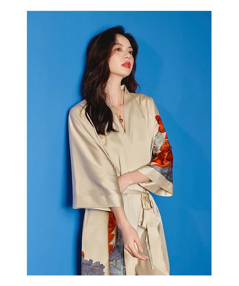 PICKBIRD 2022 spring and autumn V-neck elegant atmosphere lace-up print cardigan mid-length pajamas women's home wear