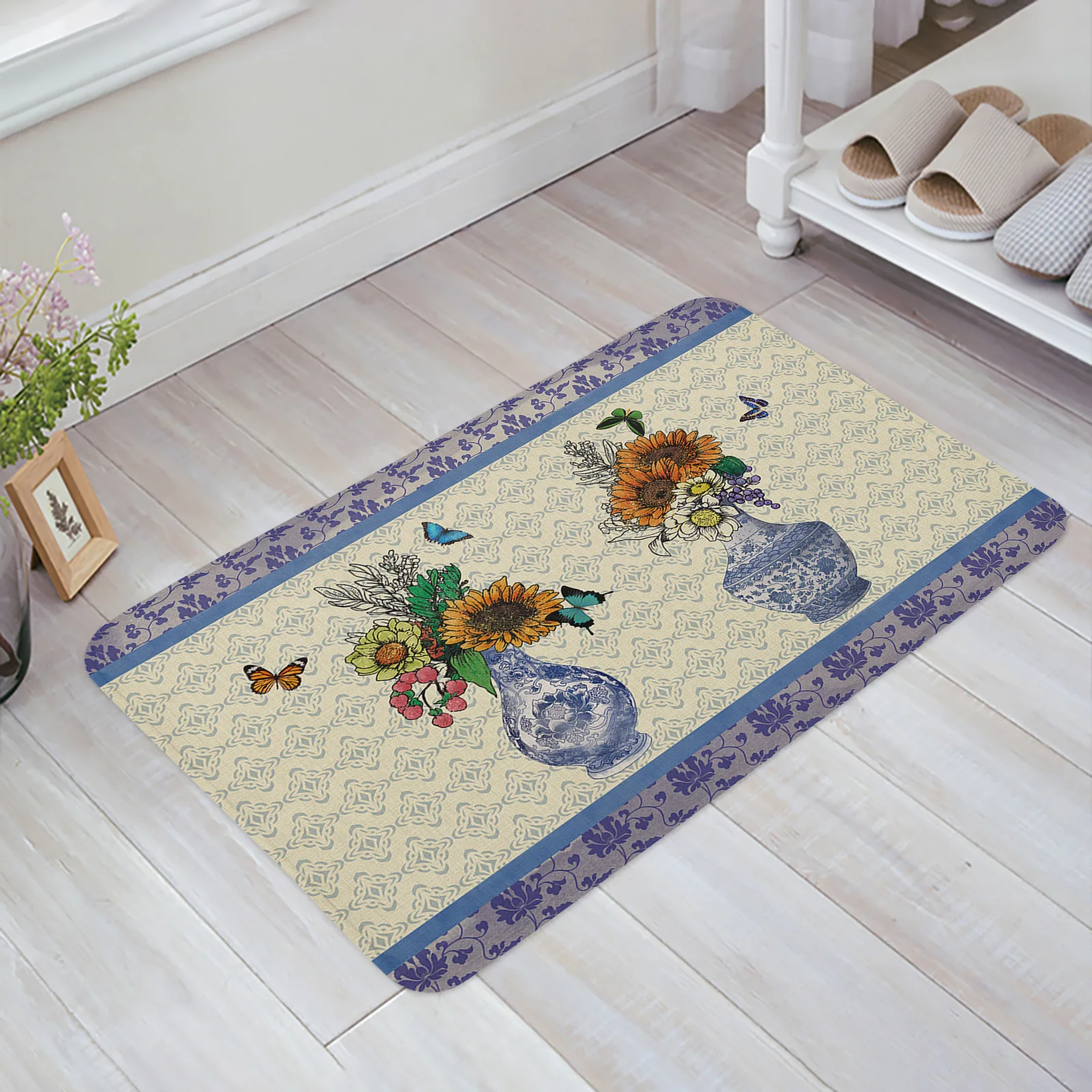 

Голубые и белые фарфоровые коврики в стиле ретро с бабочками и цветами, коврики для ванной и кухни, противоскользящие напольные коврики для ...