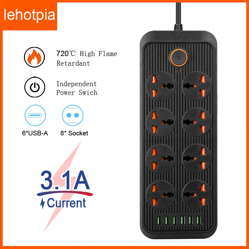 Lehotpia EU/US/UK Power Strip Electrical Socket Plug 2M Cable 6 USB Ports 3.1A Fast Charing Network Filter Extension Adapter