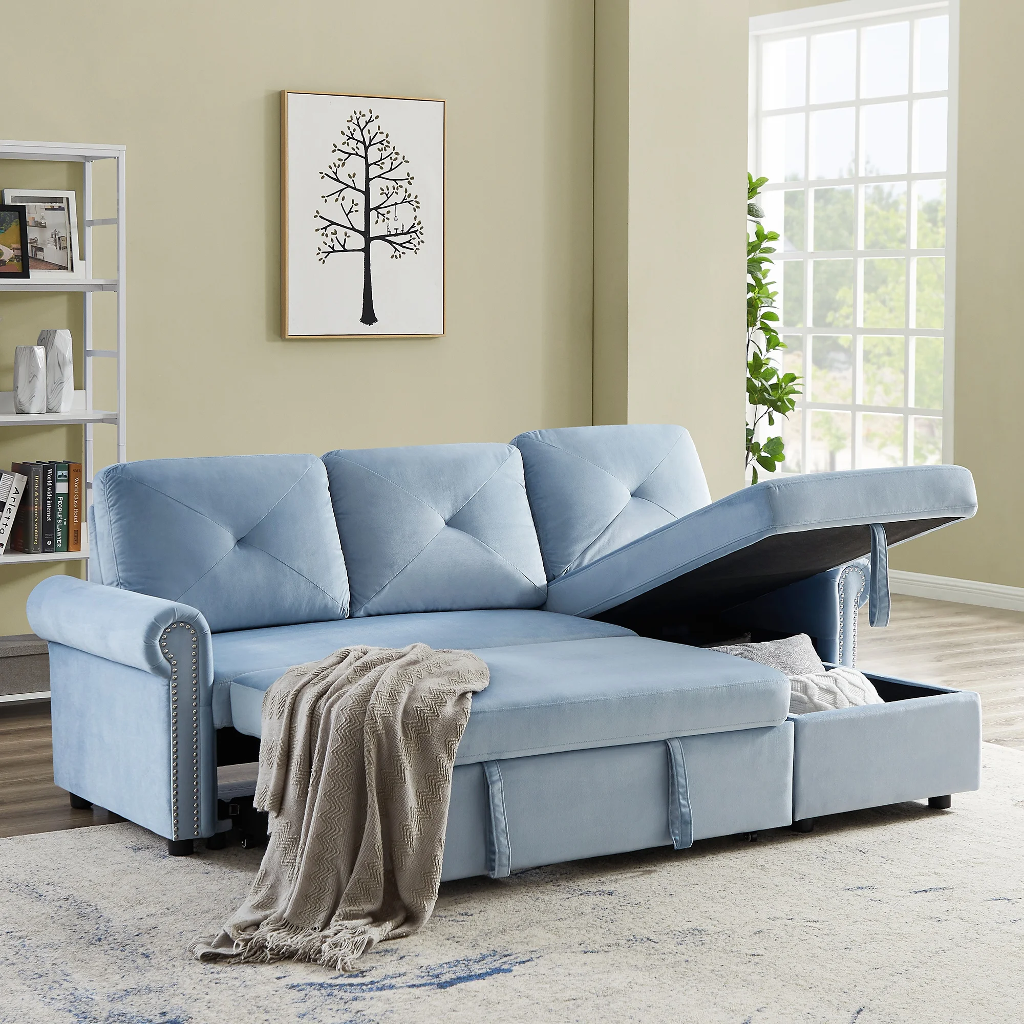 

83" Sleeper Sofa Bed Convertible Sectional Couch 3-Seater L-Shape Corner Couch with Storage Chaise for Living Room