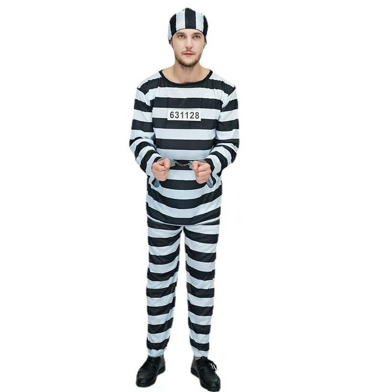 

Черно-белая полоса мужской заключенный раньше искусственная тюрьма одежда Костюмы Карнавал Пурим ролевые игры искусственное платье