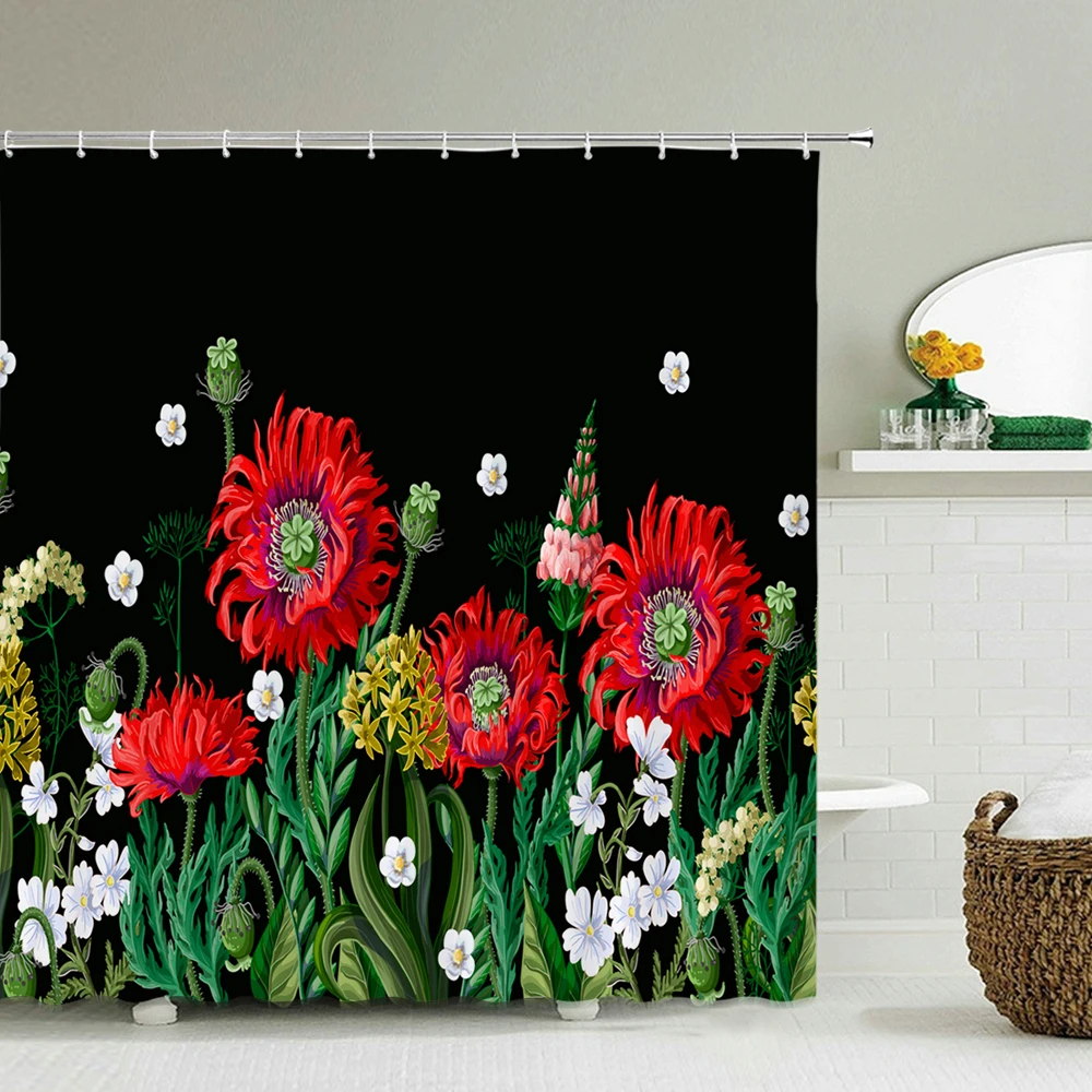 

Color Flowers Plants Shower Curtain Bathroom Waterproof Polyester Shower Curtain 3D Printing Black Background Bath Curtain Decor