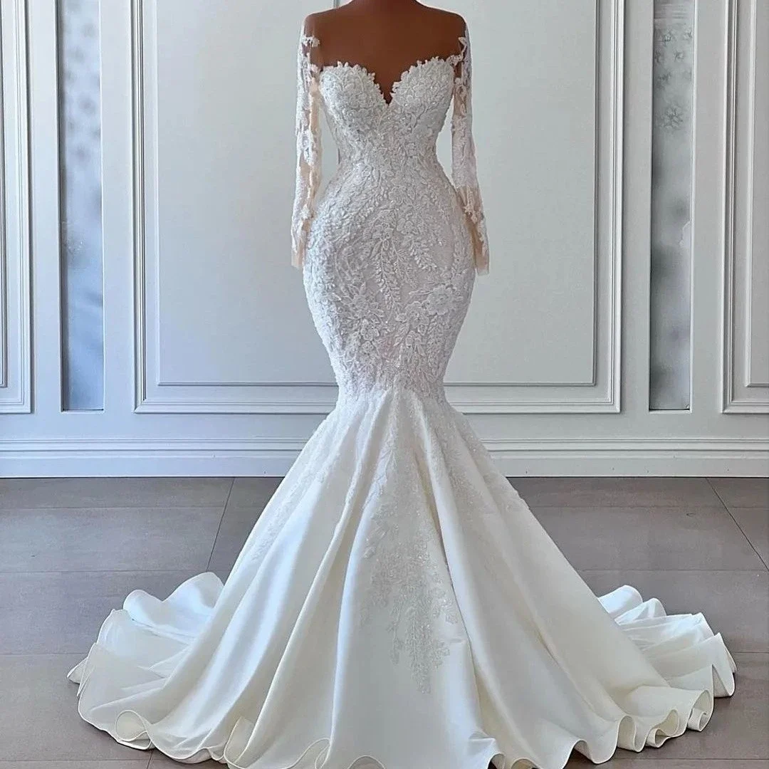 

Elegant Mermaid Wedding Dresses Women Long Sleeve Lace Appliques Vestidos De Novia Second Reception Dress