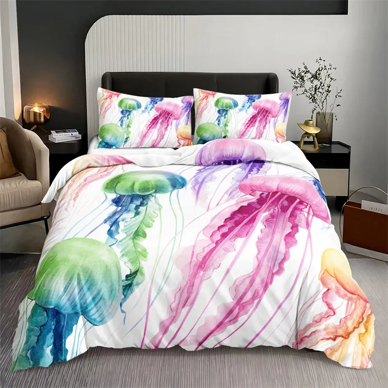 

Watercolor Jellyfish Duvet Cover Mermaid Kawaii Sea Turtle Bedding Set Full For Boys Girls Gift Sea Ocean Theme Comforter