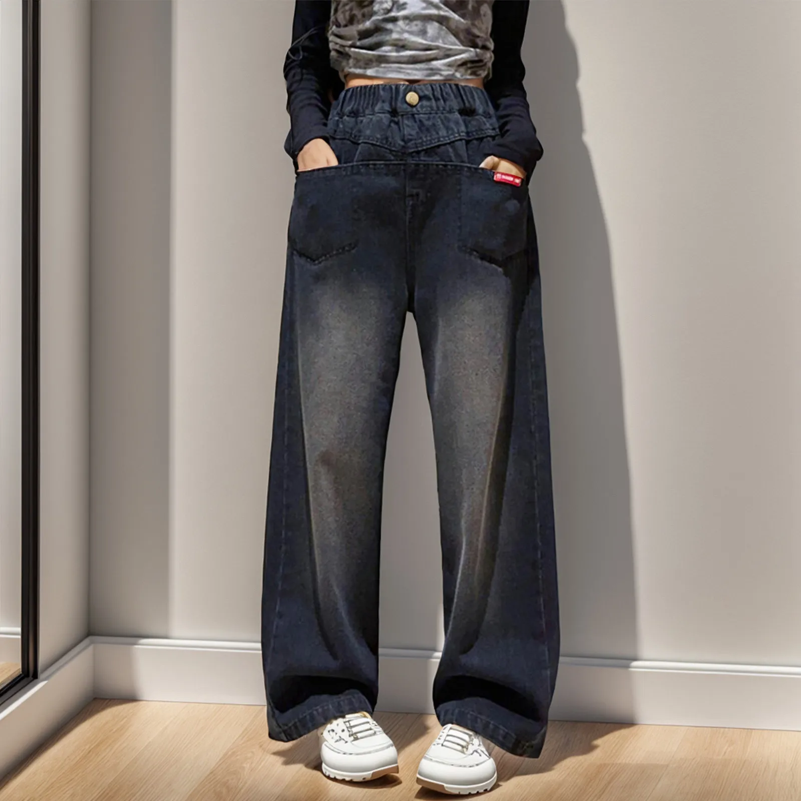 

Leisure Girls Spring And Autumn Baggy Mop Wide Leg Pants Medium Sized Children Slim Straight Leg Jeans Pants