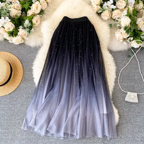 2022 Summer Tulle Skirt Star Sequin skirt High Waist long Skirt Blue Evening Party Sexy Skirt Women falda sparkling skirt